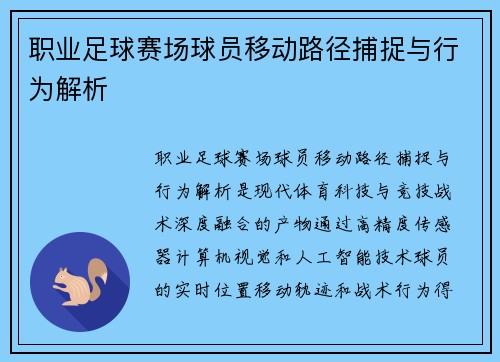 职业足球赛场球员移动路径捕捉与行为解析