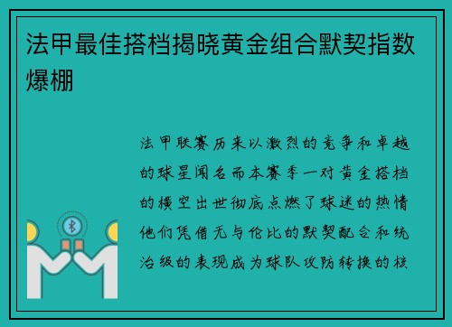 法甲最佳搭档揭晓黄金组合默契指数爆棚